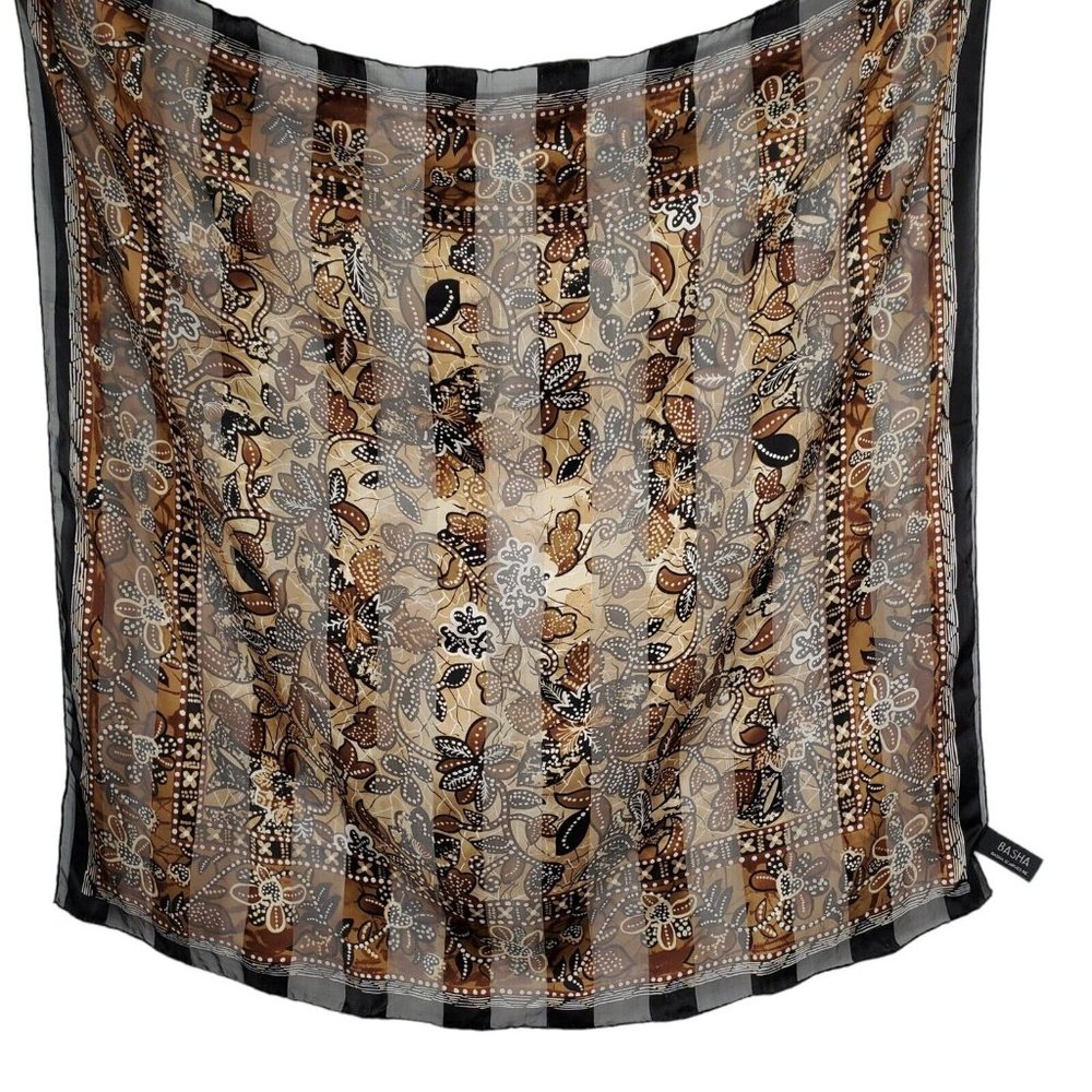 Basha Silk Scarf Brown Black Floral Hand Rolled 35" Square